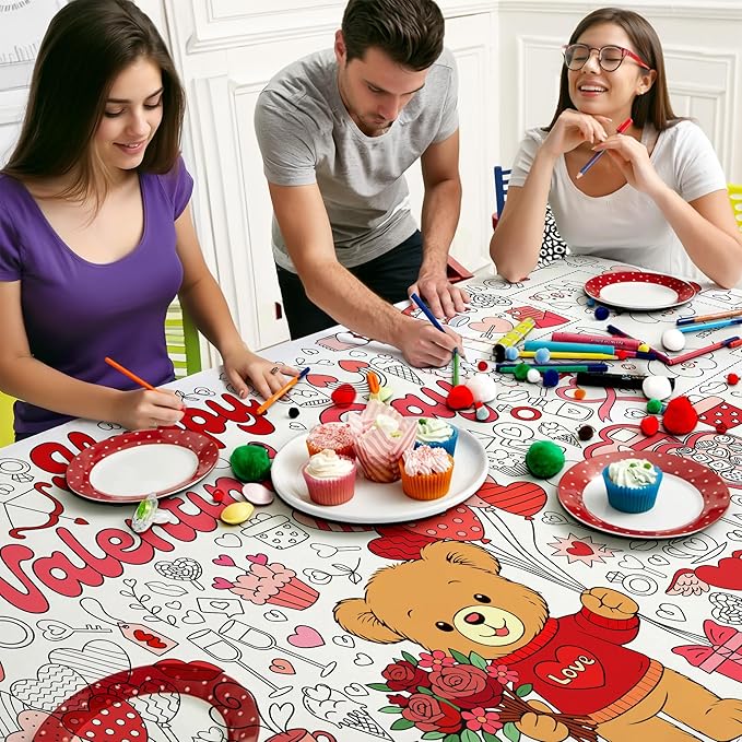 Valentine Coloring Tablecloth, Giant 30x72 Inch Poster with Bear, Hearts and Love Designs, Valentine’s Day Party Activities, Classroom Decorations, Party Supplies and Favors