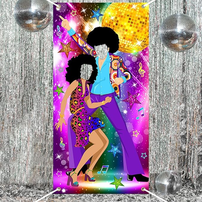 Disco Door Banner 3x6 ft 70s Party Decorations 70s Theme Photo Props Disco Party Supplies Face Cutout Photo Background