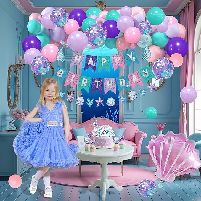 Mermaid Birthday Decorations for Girls,Fringe Curtains Happy Birthday Banner,Red balloons,Cake Toppers for women