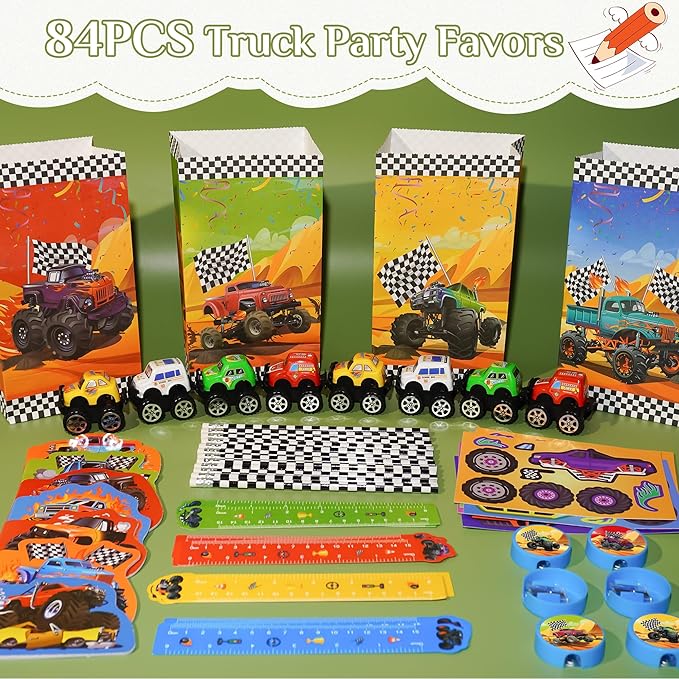 84pcs Truck Party Favors, Car Themed Birthday Party Supplies Including Truck Toys Notebooks Rulers Pencils DIY Stickers Pencil Sharpener, Race Car Themed Party Goodies Classroom Rewards
