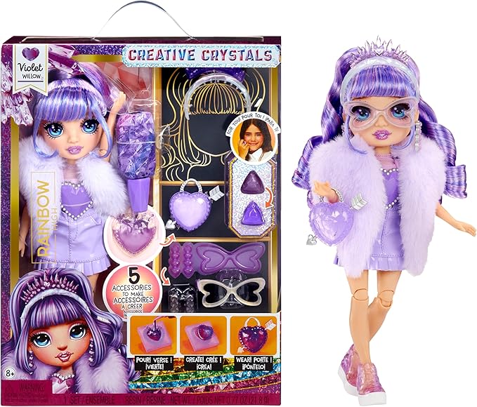 Rainbow High Creative Crystals Violet - Purple 11” Fashion Doll with Crystal Accessory Make It Kit, Ring for You, DIY, Crafts, Resin Play, Kids Gift 8+
