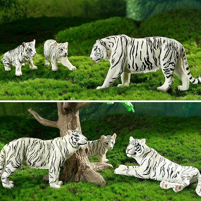 Toymany 6PCS Realistic White Tigers Figurines with Tiger Cubs, 2-6" Jungle Animals Figures Family Set Includes Baby Tigers, Educational Toy Cake Toppers Christmas Birthday Gift for Kids Toddlers