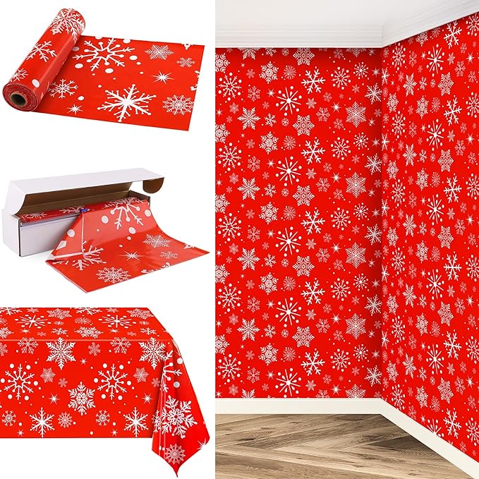 Kochorie 100 Ft x 54 Inch Snowflake Tablecloth Roll with Cutter Box Christmas Themed Snowflake Printed Cut to Size Table Cover Disposable Winter Backdrop for Frozen Birthday Party Supplies