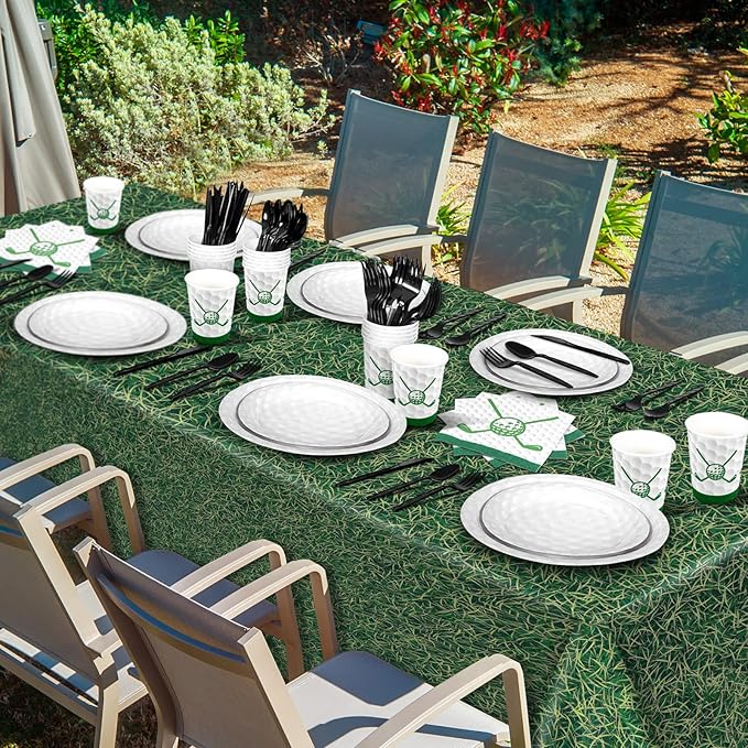 Durony 169-Piece Golf Party Supplies - Green Grass Field Tablecloth, 48 Dessert Plates, 24 Paper Cups, 24 Napkins, 24 Knives, Forks & Spoons - Disposable Golf Tableware Set