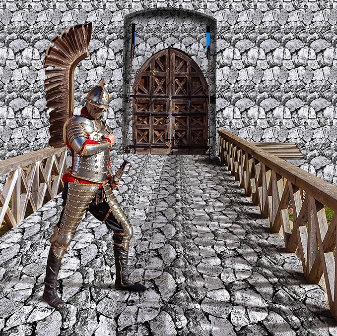 Kochorie 100 Ft X 54 Inch Halloween Stone Wall Tablecloth Roll with Cutter Box Disposable Plastic Stone Table Cover Medieval Party Castle Brick Wall Backdrop for Halloween Birthday Knight Theme Party