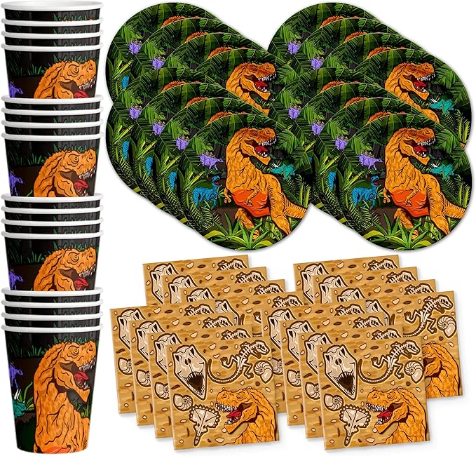 Roaring Dino Jurassic T-Rex Dinosaur Birthday Party Supplies - Dinosaur Decorations for Birthday Party - Dinosaur Birthday Set Plates, Napkins, and Cups | Tableware Kit for 16