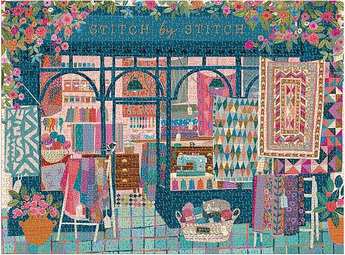 Galison Stitch by Stitch – 1000 Piece Puzzle Fun and Challenging Activity with Bright and Bold Quilting and Crafting Themed Storefront Artwork for Adults and Families