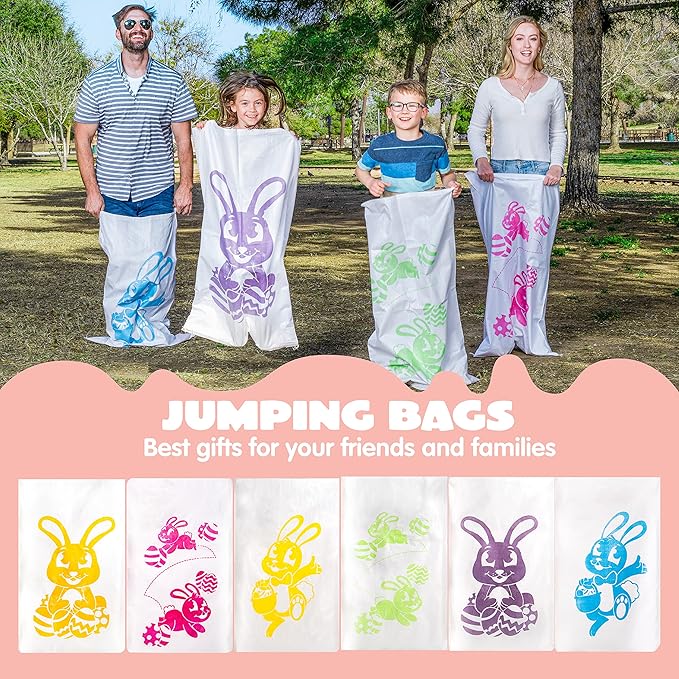 JOYIN Easter 33PCS Potato Sack Race Jumping Bags, Spoon and Egg Race, 6 Players Legged Relay Race Bands Elastic Tie Rope for Easter Theme Party Favor, Outside Lawn,Eggs Hunt Game Activities