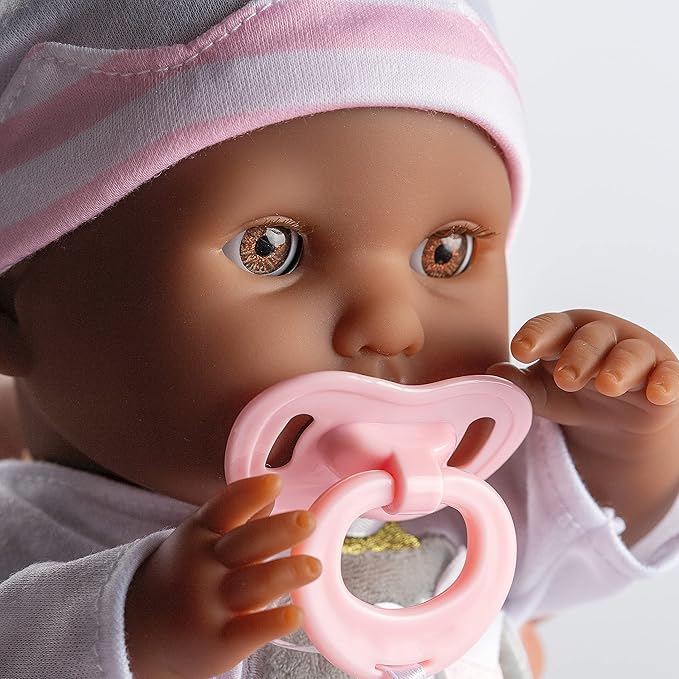 JC Toys 15" Realistic Soft Body African American Baby Doll with Open/Close Eyes Berenguer Boutique | 10 Piece Gift Set with Bottle, Rattle, Pacifier & Accessories | Pink | Ages 2+
