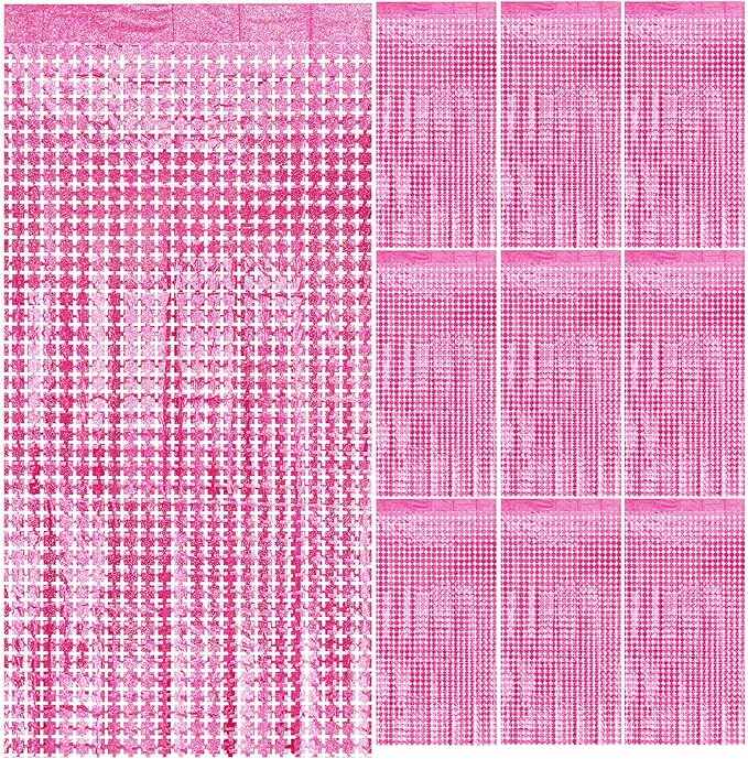 Pink Tinsel Curtain Party Backdrop,10pcs Square Foil Fringe Curtain Pastel Pink Streamers Party Decorations for Bachelorette Princess Birthday Valentines Day Sleepover Slumber Theme