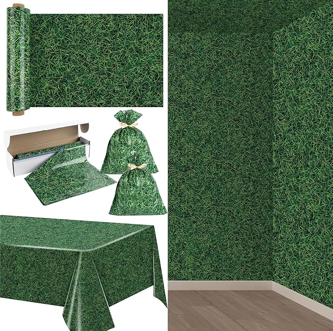 Kochorie 54 Inch x 100 Ft Grass Plastic Table Cloth Roll Disposable Waterproof Football Field Table Cover Plastic Table Cover Roll with Easy Slide Cutter for Jungle Party/Sport/Outdoor Picnic