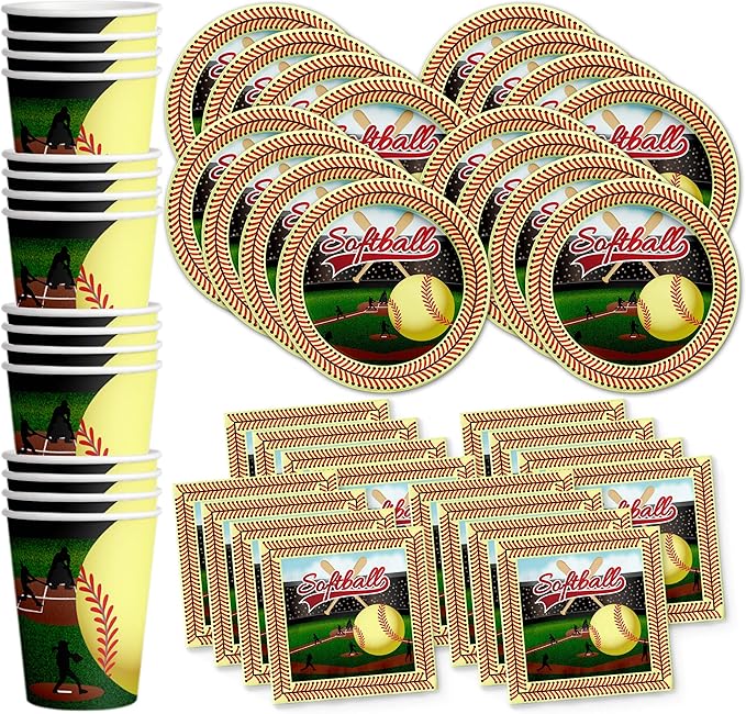 Softball Star Birthday Party Supplies - Softball Party Decorations - Softball Party Supplies - Girls Softball Birthday - Tableware Set Includes Plates Napkins Cups - Kit for 16