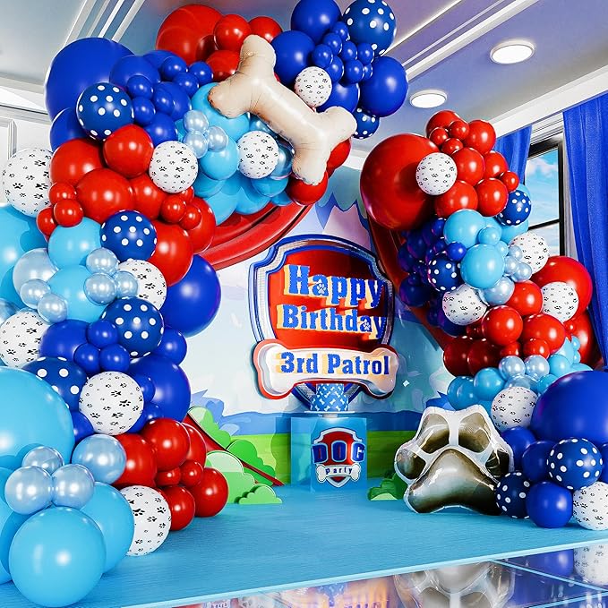 ALL-IN-1 Paw Balloon Arch & Garland Kit with BONUS Dog Bone – Small and Large Red, Dark Blue Paw Balloons – Paw Birthday Party Decorations & Supplies – Boy