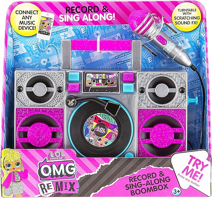 LOL Surprise OMG Remix Karaoke Machine Sing Along Boombox with Real Karaoke Microphone for Kids, Built in Music, Flashing Lights, Record, Turntable with Sound Effects, Connect Device