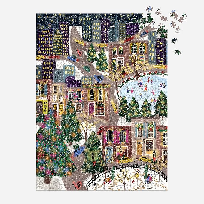 Galison Sparkling City – 1000 Piece Foil Puzzle with Illustrations of Colorful Merriments in The City with Gold Foil Accents