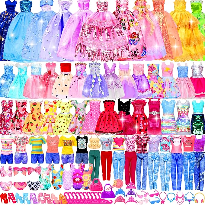 195 Pcs Doll Clothes and Accessories Kit, Include Princess Gowns, Fashion Skirt, Slip Dresses, Tops, Pants, Bikini Swimsuits, Shoes, Crowns, Necklaces, Glasses, Hangers in Gift Box for 11"-12" Dolls