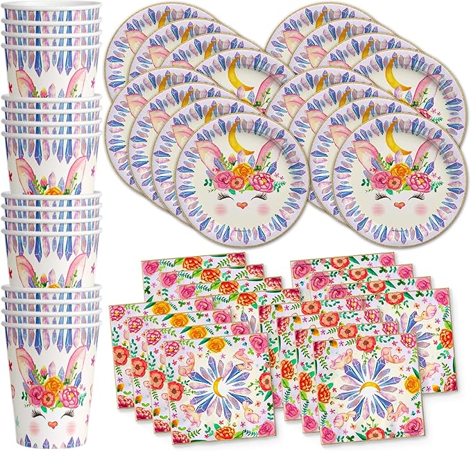 Bunny Rabbit Floral Birthday Party Supplies - Easter Bunny Party Supplies - Floral Party Supplies - Spring Party Supplies - Easter Party Tableware Set Includes Plates Napkins and Cups | Kit for 16
