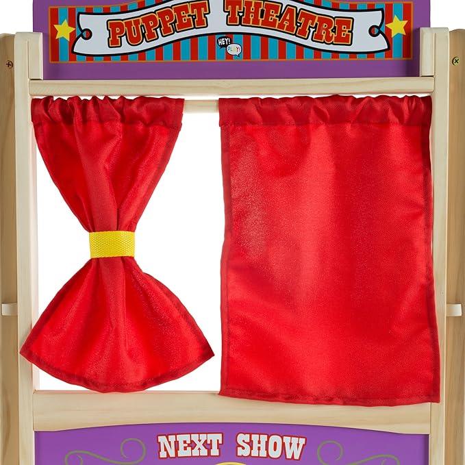 HEY! PLAY! Puppet Theater for Kids - Wooden Tabletop Toy with Curtains, Blackboard, and Clock to Inspire Imagination and Creativity in Boys and Girls