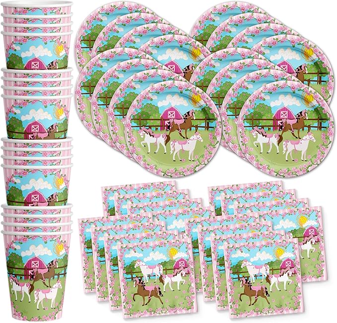 Lovely Pink Horse Birthday Party Supplies Set Plates Napkins Cups Tableware Kit for 16