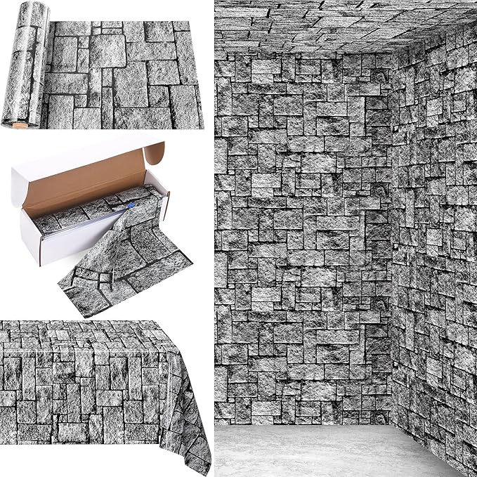 Kochorie 200 Ft X 54 Inch Stone Wall Tablecloth Roll with Cutter Box Disposable Plastic Stone Table Cover Medieval Stone Brick Table Cloth Dirt Floor Wall Backdrops for Farm Wedding Birthday Party