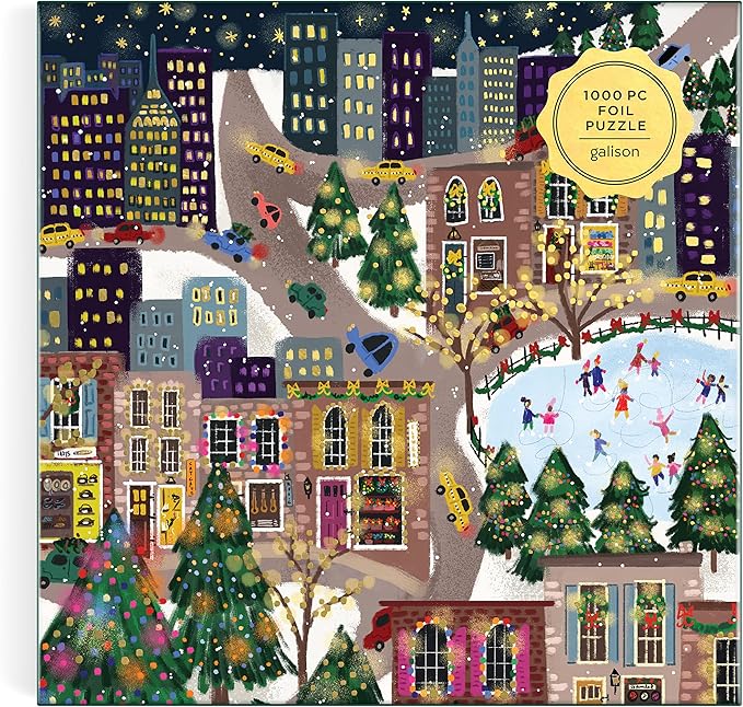 Galison Sparkling City – 1000 Piece Foil Puzzle with Illustrations of Colorful Merriments in The City with Gold Foil Accents