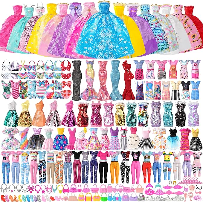 120Pcs Doll Clothes and Accessories, 5 Wedding Gowns 21 Dresses Including Evening Gowns, Fish Scale Skirts, Fashion Dresses, Swimsuits, Shoes, Hangers for Christmas Stocking Stuffers Girls Gift Age 3+