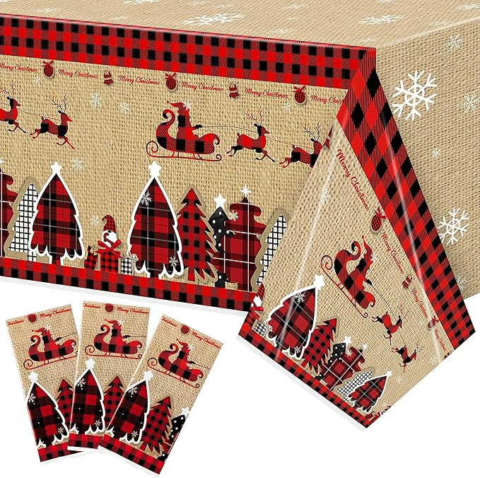 Christmas Plastic Table Cover - 3 Pack Merry Christmas Buffalo Plaid Disposable Waterproof Plastic Rectangle Xmas Table Cloth Winter Holiday Party Picnic Decoration Supplies Indoor Outdoor