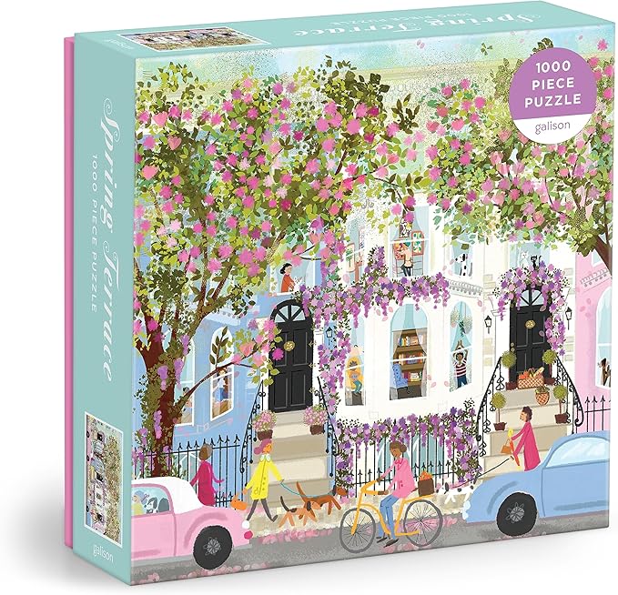 Galison Spring Terrace – 1000 Piece Joy Laforme Puzzle Featuring a Magnolia Filled Neighborhood Day On A Spring Day