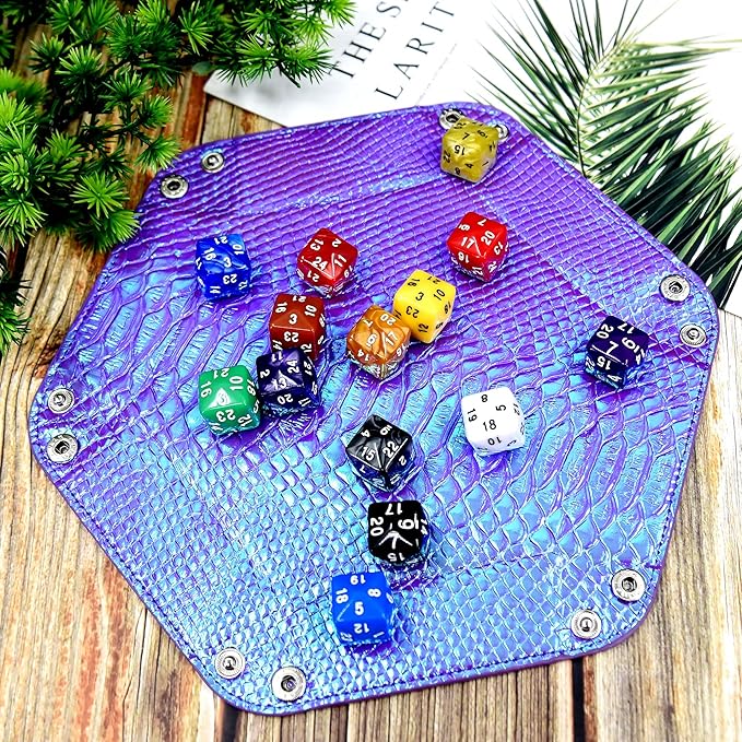 SIQUK 2 Pieces Mermaid Dice Tray PU Leather Dice Trays Portable Folding Hexagon Dice Roller Tray for Dice Games Like RPG, DND and Other Table Games (Violet, Light Violet)