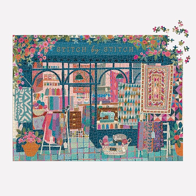 Galison Stitch by Stitch – 1000 Piece Puzzle Fun and Challenging Activity with Bright and Bold Quilting and Crafting Themed Storefront Artwork for Adults and Families
