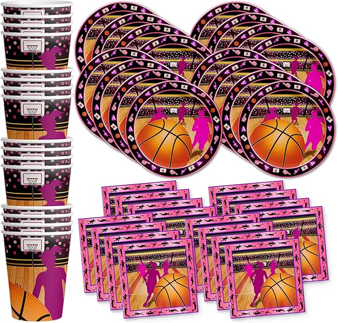 Pink Basketball Girl Birthday Party Supplies Set Plates Napkins Cups Tableware Kit for 16