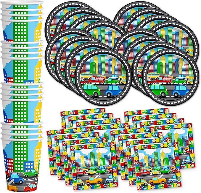 Cars and Trucks Birthday Party Supplies - Car Birthday Supplies for Boys - Little Cars Birthday Supplies for Toddlers | Tableware Set Includes Plates, Napkins and Cups | Kit for 16