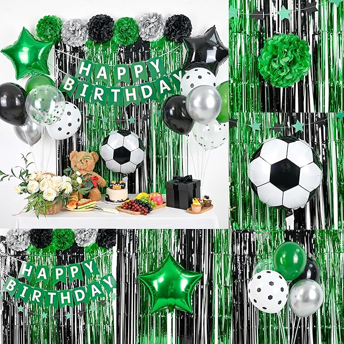 Soccer Party Decorations,Soccer Sports Theme Birthday Decorations,Include Green Black Party Balloons Happy Birthday Banner Fringe Curtain Tissue Paper Pompoms Garland