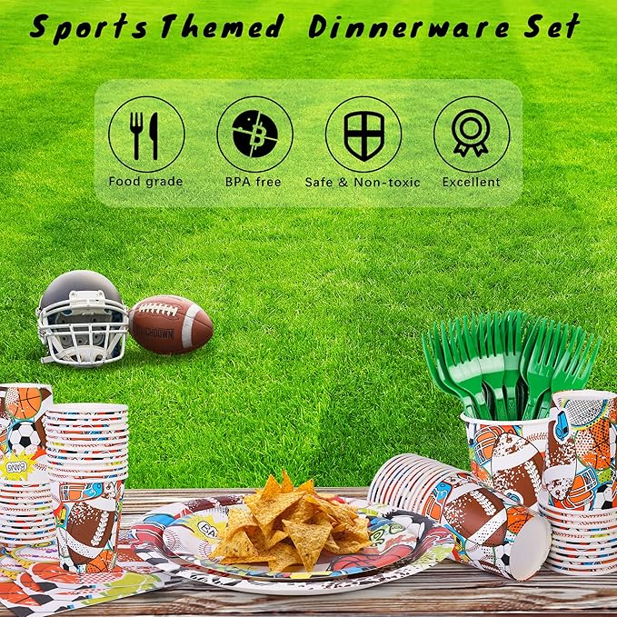 durony 144 Pieces Sports Themed Paper Plates and Napkins Dinnerware Set Sports Birthday Party Tableware Paper Plates Napkins Forks Serve 24 for Rugby Baseball Basketball Soccer Party Supplies