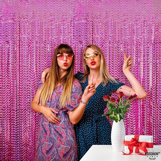 KatchOn, Large Laser Pink Backdrop Curtain - 3.2x8 Feet, Pack of 2 | Laser Pink Fringe for Birthday Wedding Engagement Party Decorations | Graduation Backdrop for Graduation Decorations 2025
