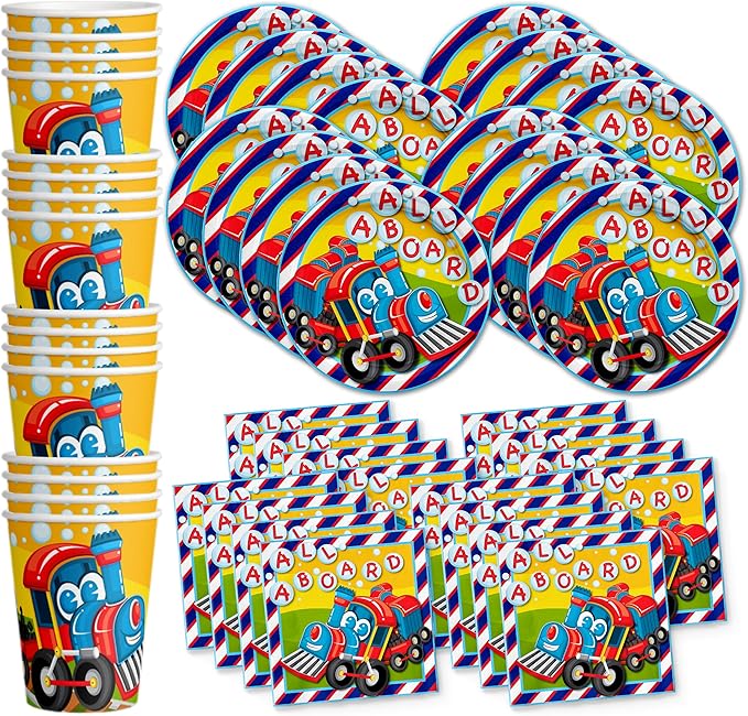 All Aboard! Train Birthday Party Supplies Set Plates Napkins Cups Tableware Kit for 16