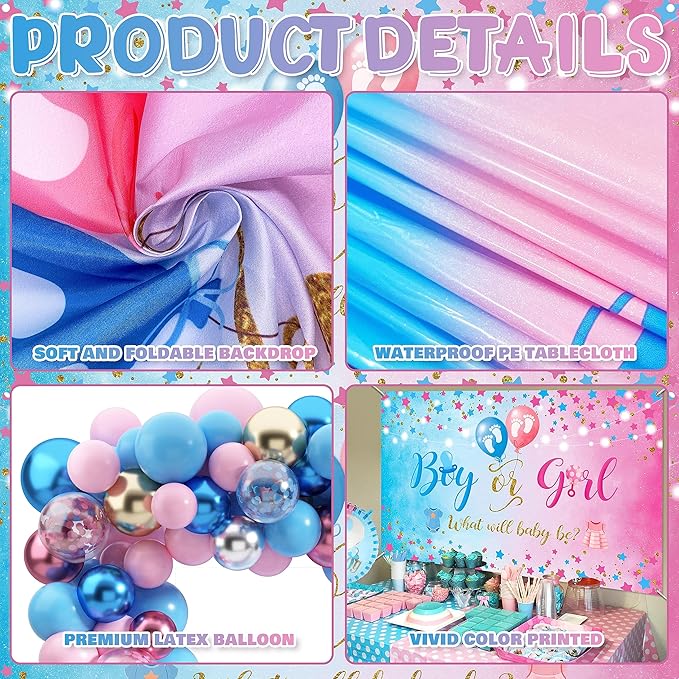 92Pcs Gender Reveal Decorations and Baby Box with Letters Set Boy or Girl Gender Reveal Party Supplies Party Ideas Tablecloth Backdrop Pink and Blue Balloons Baby Boxes with Letters Decorations Kit