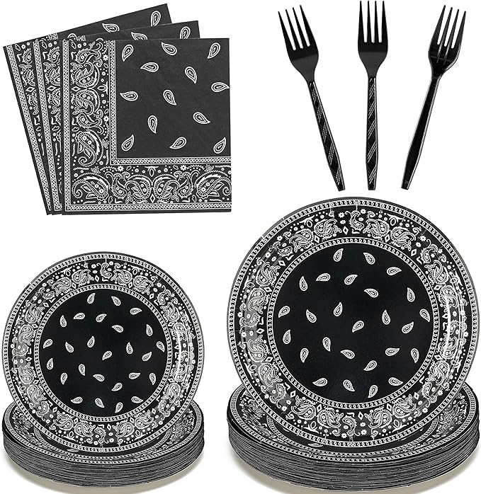 K1tpde 96PCS Cholo Bandana Party Tableware Set, Gangsta Theme Paper Plates, Western Cowboy Birthday Decorations Included Disposable Dinnerware Paper Napkins Forks, Cholo Bnadana Western Party Supplies